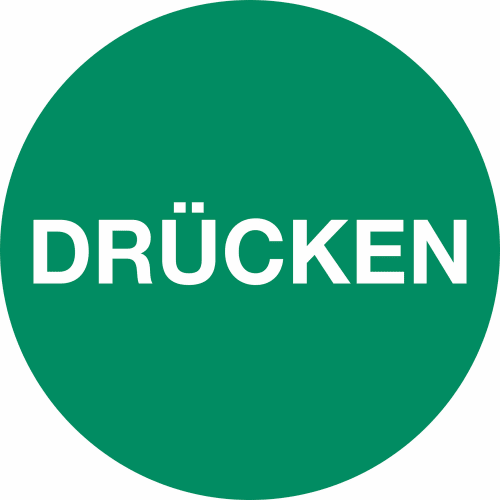 Grüner runder Knopf mit weißer Aufschrift DRÜCKEN