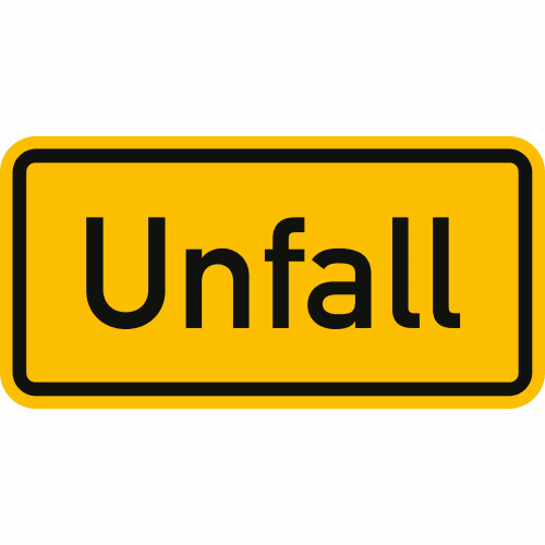 Reflektierendes gelbes Verkehrsschild mit schwarzem Rand und der Aufschrift Unfall