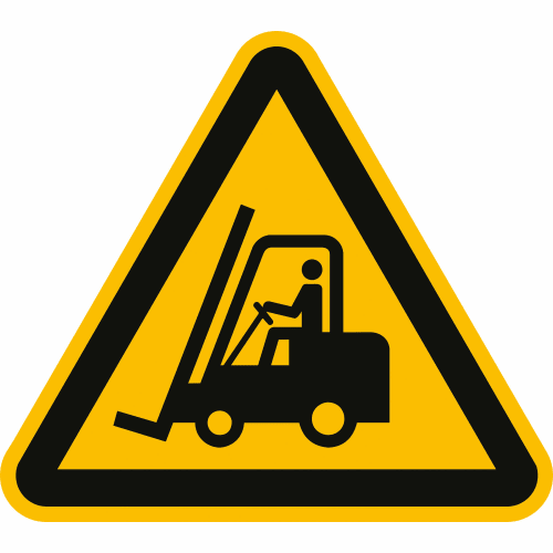 Warnschild mit Gabelstapler-Symbol zur Warnung vor Flurförderfahrzeugen nach ISO 7010