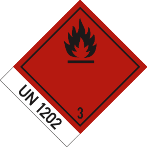 Gefahrgutetikett Klasse 3 entzündbare flüssige Stoffe mit UN 1202 und Eindruck 3