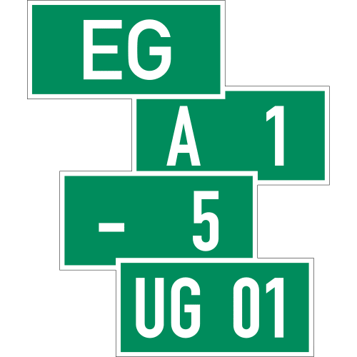 Grüne Etagenschilder mit weißem Text EG, A 1, - 5, UG 01, langnachleuchtend