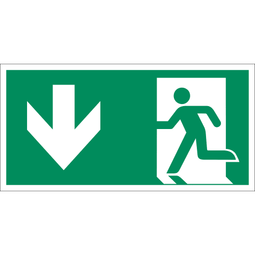 Notausgang Schild mit Rettungszeichen und Pfeil nach unten, ISO 7010 E 001