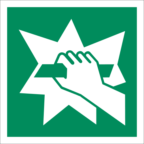 Notausgangsvorrichtung nach ISO 7010 E 008, Hand zerschlägt eine Scheibe
