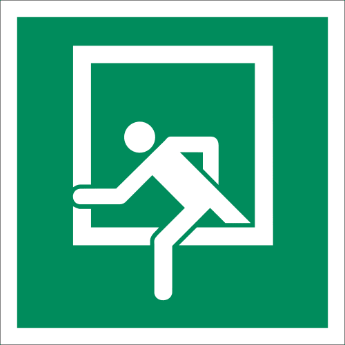 Notausstieg Schild nach ASR A1.3 (2013) mit Symbol einer Person, die durch ein Fenster steigt