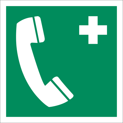 Notruftelefon Symbol nach ISO 7010 E 004 mit grünem Hintergrund, weißem Telefonhörer und weißem Kreuz