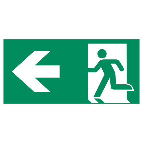 Rettungsweg links Symbol nach ISO 7010 E 001 mit grünem Hintergrund und weißem Pfeil nach links und laufender Figur