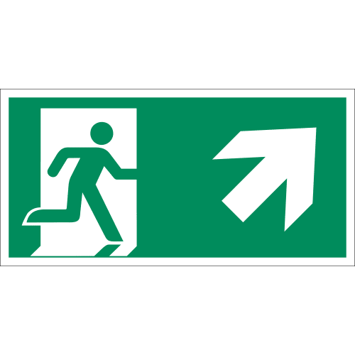 Rettungsweg rechts aufwärts Schild mit laufender Person und Pfeil nach rechts oben, ISO 7010 E 002, ISO 3864, ISO 16069