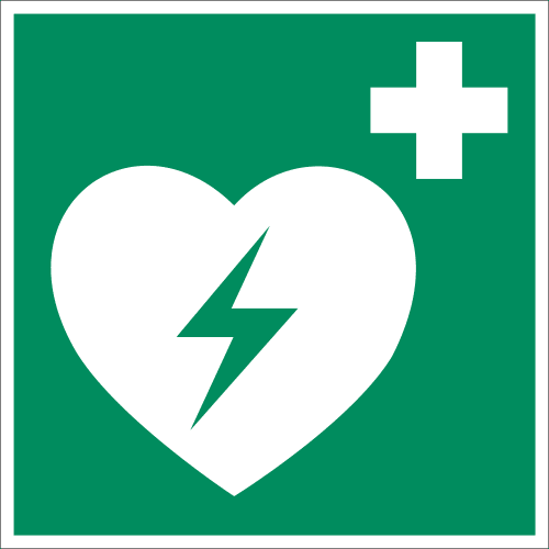 Schild Defibrillator Rettungszeichen ASR A 1.3 2007 mit Herz und Blitzsymbol auf grünem Hintergrund