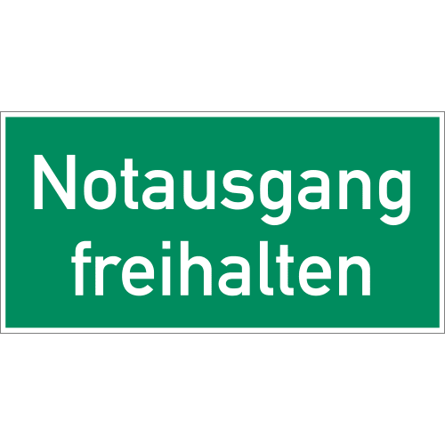 Grünes Schild mit weißer Aufschrift Notausgang freihalten