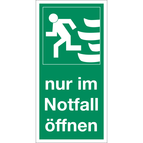 Grünes Notfallschild mit weißer laufender Figur und Text nur im Notfall öffnen