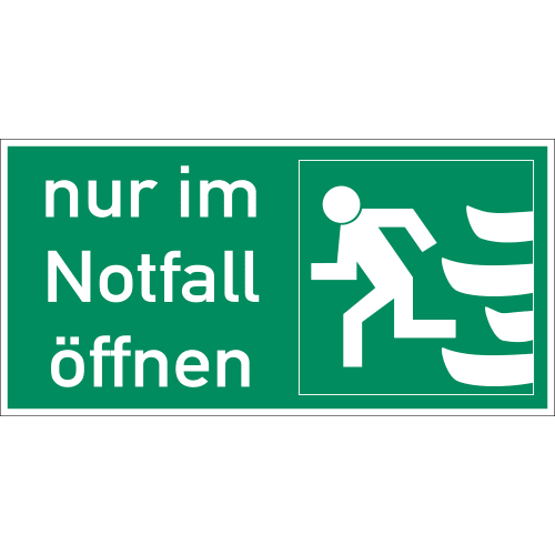 Grünes Notfallschild mit weißer Aufschrift 'nur im Notfall öffnen' und Symbol einer Person, die nach links läuft