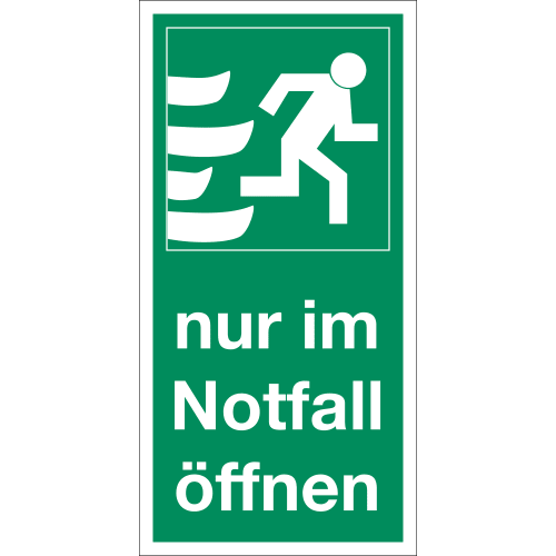 Grünes Notfallschild mit weißer laufender Figur und Text nur im Notfall öffnen