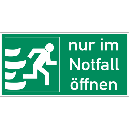 Grünes Notfallschild mit weißer Piktogrammfigur, die nach rechts läuft, und Text 'nur im Notfall öffnen'