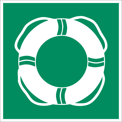 Rettungsring Symbol auf grünem Hintergrund für öffentliche Rettungsausrüstung nach ASR A 1.3 (2013)