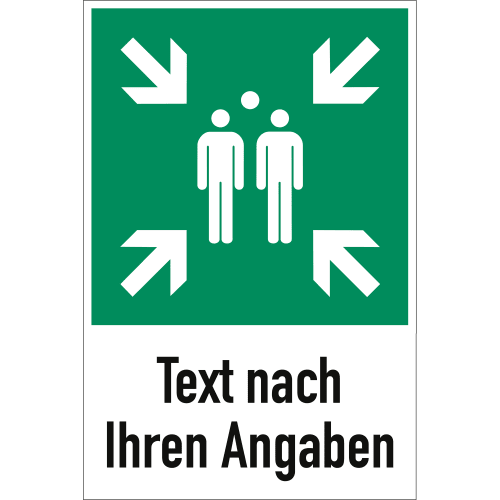 Sammelstelle mit Symbol von zwei Personen und vier Pfeilen nach innen, Text nach Ihren Angaben, grün-weißes Sicherheitszeichen nach DIN EN ISO 7010