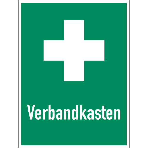 Grünes Schild mit weißem Erste Hilfe Kreuz und Schriftzug Verbandkasten