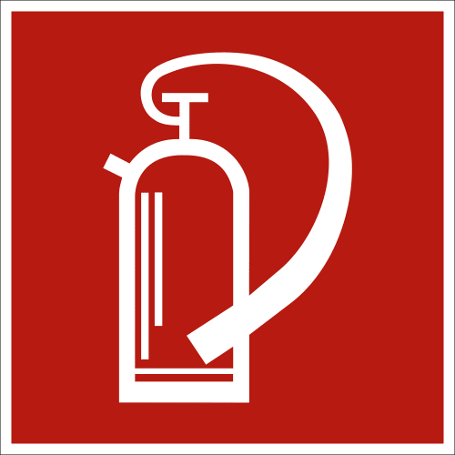 Feuerlöscher Symbol auf rotem Hintergrund nach ASR A 1.3 (2007), BGV A8 F 05