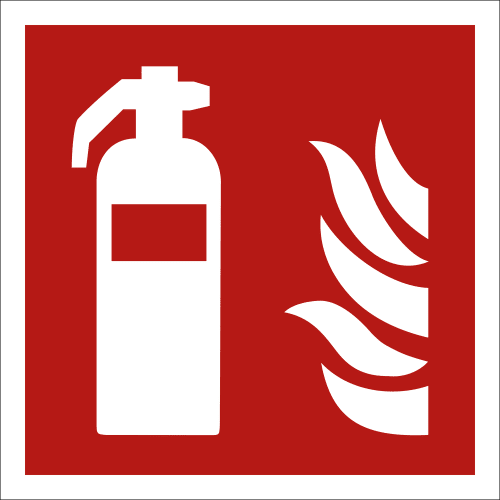 Feuerlöscher Schild Brandschutzzeichen F001 nach ISO 7010 mit Feuerlöscher und Flammen Symbol auf rotem Hintergrund
