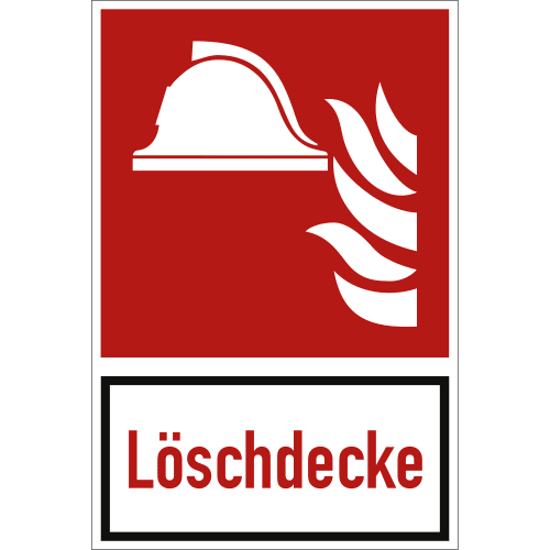 Kombi-Schild Löschdecke mit Piktogramm nach ISO 7010 F 004, Feuerlöschdecke Symbol auf rotem Hintergrund