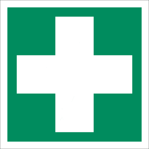 Erste Hilfe Schild mit weißem Kreuz auf grünem Hintergrund nach ISO 7010 E 003