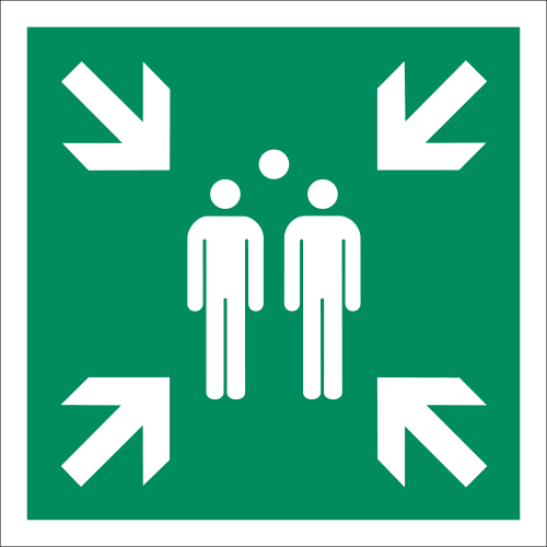 Sammelplatz Schild mit zwei Personen und vier Pfeilen nach innen, ISO 7010 Sammelstelle nach internationaler Norm