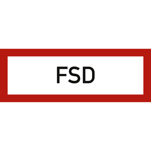 Schild FSD Feuerwehr-Schlüssel-Depot mit rotem Rahmen und schwarzer Aufschrift FSD