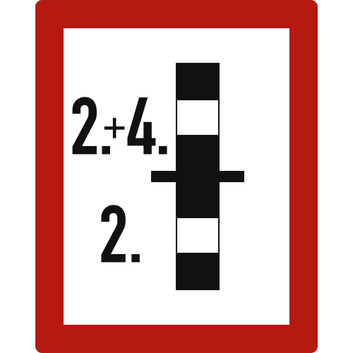 Hinweisschild auf eine Brandwand mit Zahlen 2+4 und 2 sowie schwarzem und weißem Symbol nach DIN 4066 E4