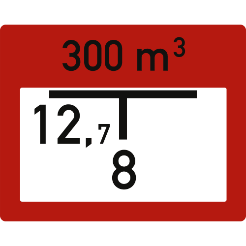 Löschwasserbehälter B2 Brandschutzschild nach DIN 4066 mit Volumen 300 m³ und Abstandsangaben 12,7 und 8