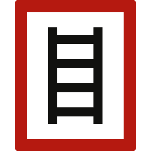 Hinweisschild mit schwarzer Leiter auf weißem Hintergrund und rotem Rand, geeignet zum Anleitern nach DIN 4066 E2