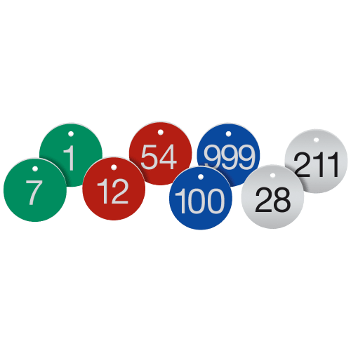 Werkzeugmarken mit gravierter fortlaufender Nummerierung in verschiedenen Farben und Zahlen