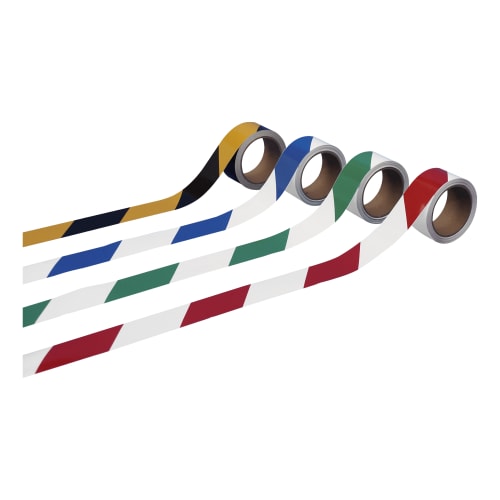 Warnmarkierungsband in verschiedenen Ausführungen mit gelb-schwarzen, blau-weißen, grün-weißen und rot-weißen diagonalen Streifen