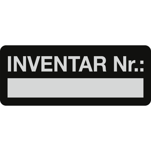 Schwarzes Inventaretikett mit der Aufschrift INVENTAR Nr: und einem grauen Feld zur Beschriftung
