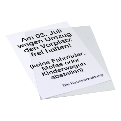 Einlegetasche für Warnaufsteller EASY mit Hinweiszettel wegen Umzug am 03. Juli, Vorplatz frei halten, keine Fahrräder, Mofas oder Kinderwagen abstellen