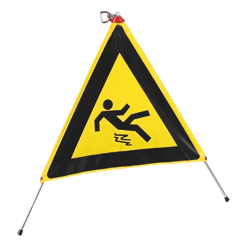 Gelbes Faltsignal mit schwarzem Rand und Symbol einer Person, die auf rutschiger Fläche ausrutscht, Warnung vor Rutschgefahr