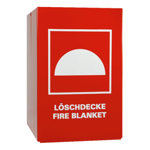 Roter Feuerlöschdeckenbehälter mit weißem Symbol und Schriftzug Löschdecke Fire Blanket