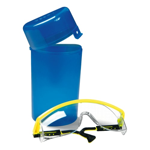 Blaue Aufbewahrungsbox SecuBox Mobil mit gelb-schwarzer Schutzbrille