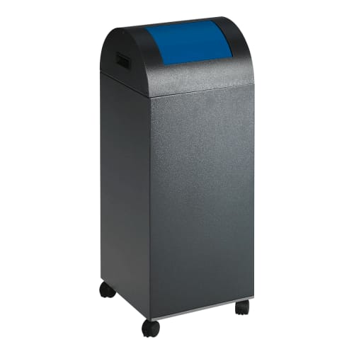 Rollensatz für Wertstoffsammler mit vier schwarzen Rollen unter grauem Wertstoffsammler mit blauem Deckel