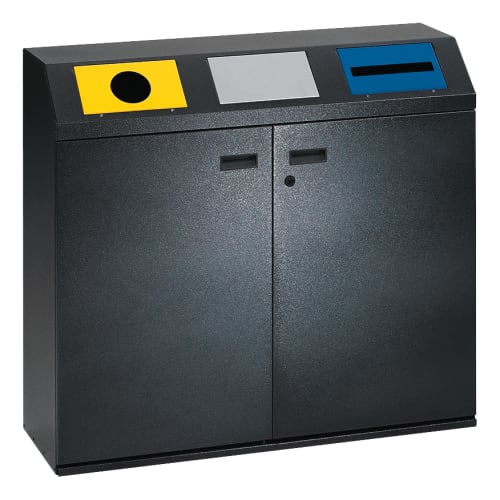 Wertstoffsammler 3-fach Wertstoffsammelstation mit selbstschließenden fest montierten gestanzten Einwurfklappen in schwarz mit gelbem, grauem und blauem Einwurf