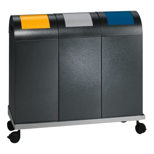 Transportwagen für Wertstoffsammler mit drei farbigen Deckeln in Gelb, Grau und Blau auf Rollen