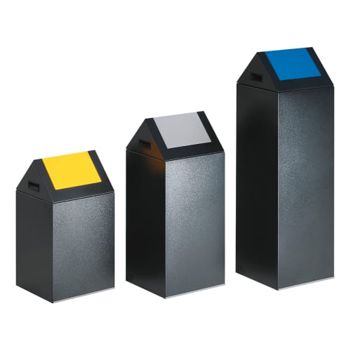 Wertstoffsammler selbstlöschend mit Schwingdeckel in drei Größen 43, 60 und 89 Liter, mit farbigen Deckeln in Gelb, Grau und Blau