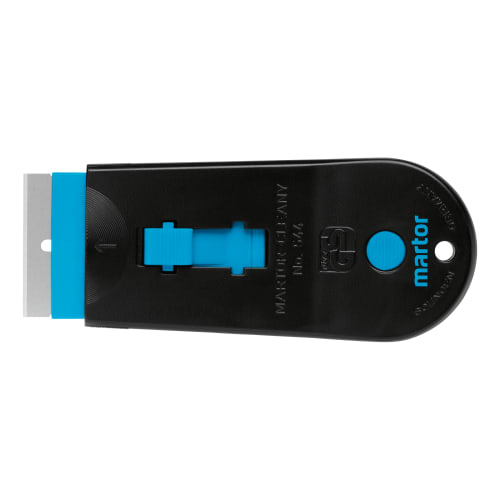 Etikettenschaber Cleany von Martor mit schwarzem Griff und blauem Schieber