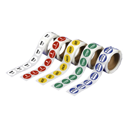 Markierungspunkte mit verschiedenen Farben und Texten auf Rollen, inklusive QM 105, Reklamation, EILT!, GEPRÜFT und Prüfnummern