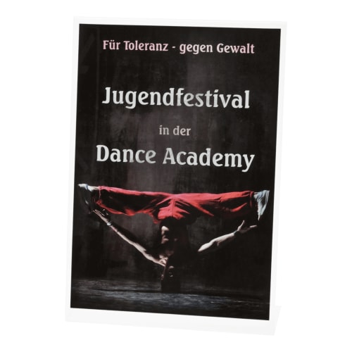 Prospektständer L-Form mit Plakat Jugendfestival in der Dance Academy und Breakdance-Tänzer