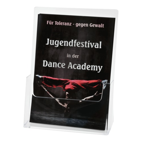 Freistehende Prospektbox mit Flyer für Jugendfestival in der Dance Academy, Motiv Breakdancer in roter Hose
