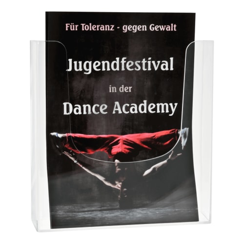 Transparenter Prospektständer für Wandmontage mit Flyer Jugendfestival in der Dance Academy