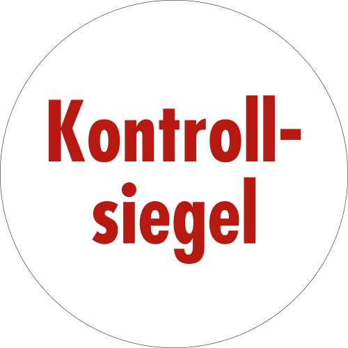 Rundes Kontrollsiegel aus Dokumentenfolie mit roter Aufschrift Kontrollsiegel, fälschungssicher