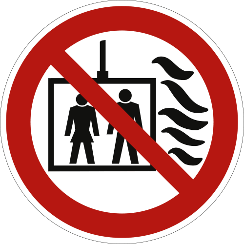 Verbotsschild Aufzug im Brandfall nicht benutzen mit rotem Kreis und durchgestrichenem Aufzugssymbol nach prEN 81-73