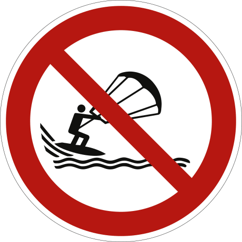 Verkehrsschild Kitesurfen verboten nach ISO 20712-1 mit rotem Verbotssymbol