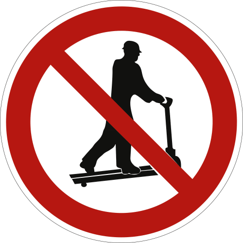 Verbotsschild mit rotem Kreis und diagonaler Linie, das einen Mann mit Schutzhelm zeigt, der einen Hubwagen schiebt, mit dem Hinweis 'Mit Hubwagen rollen verboten'