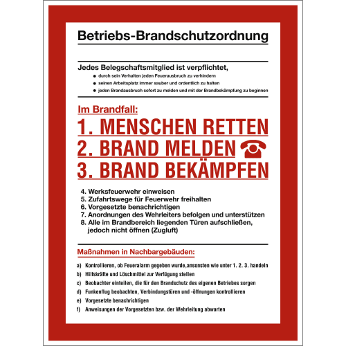 Betriebs-Brandschutzordnung mit Anweisungen zur Brandbekämpfung und Maßnahmen im Brandfall